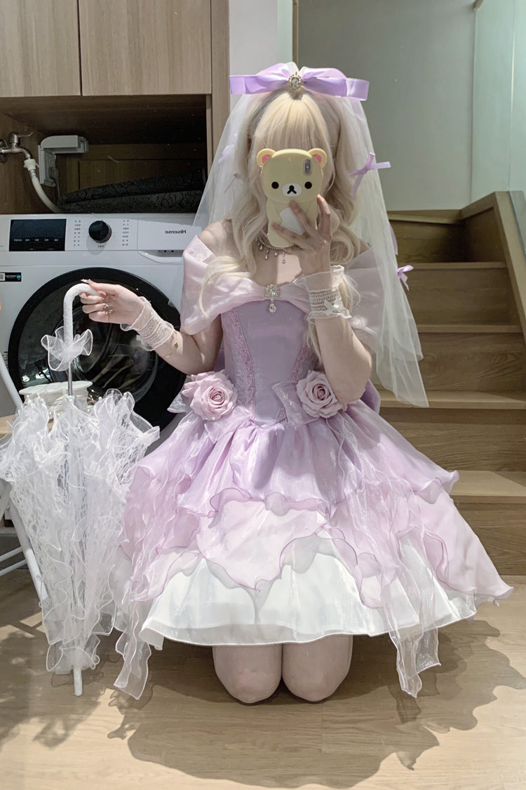 [Herzschlag] Schulterfreies, mehrlagiges Rüschen-Bowknot-Spitzen-Prinzessinnen-Traumhaftes Süßes Lolita-Kleid in 2 Farben 