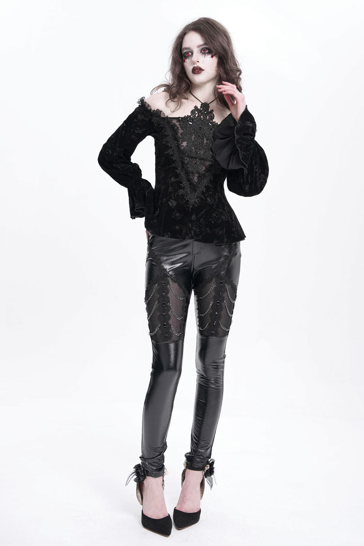 Schwarze Kette aus Kunstleder mit Spitzenbesatz Damen Gothic Hose 