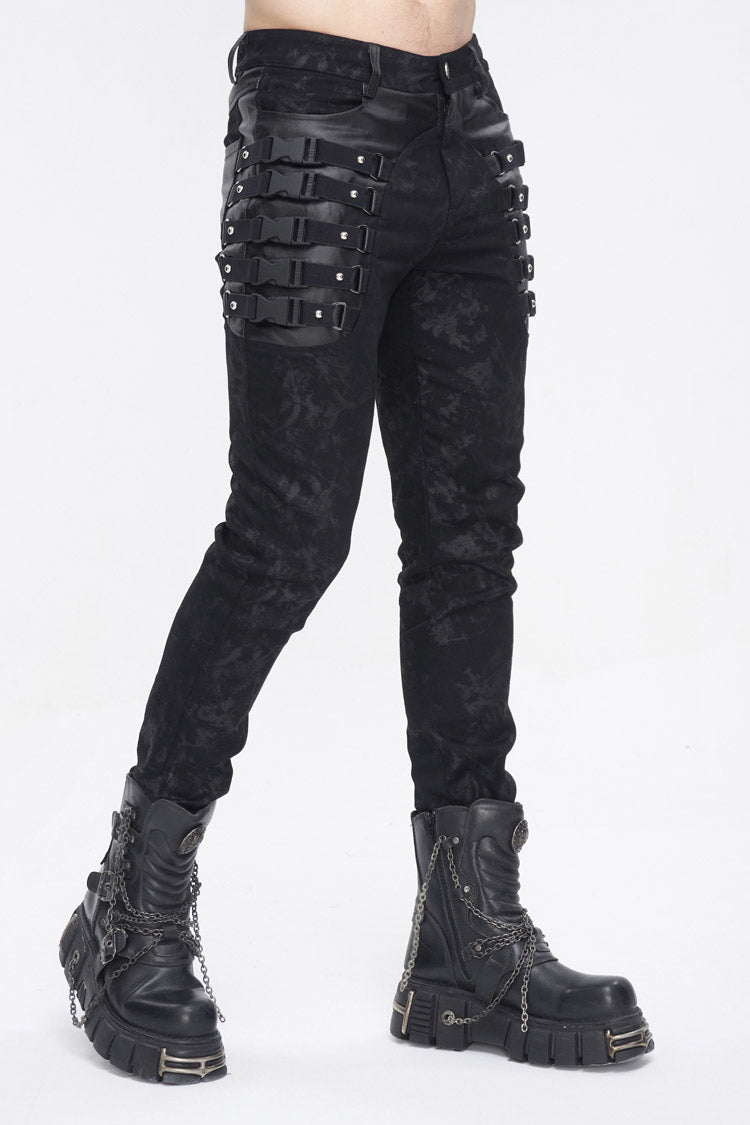 Black Multi Buckle Distressed  Print Men's Punk Pants