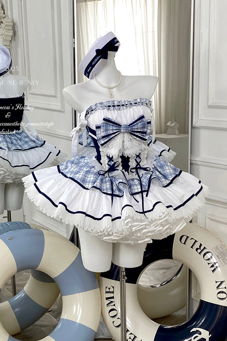 Blue/White [Sailing Love] Navy Collar Sleeveless Plaid Print Ruffle Bowknot Sweet Lolita Dress