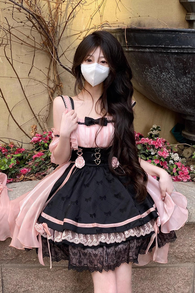 Black/Pink Multi-layer Ruffle Bowknot Sweet Princess Lolita Dress