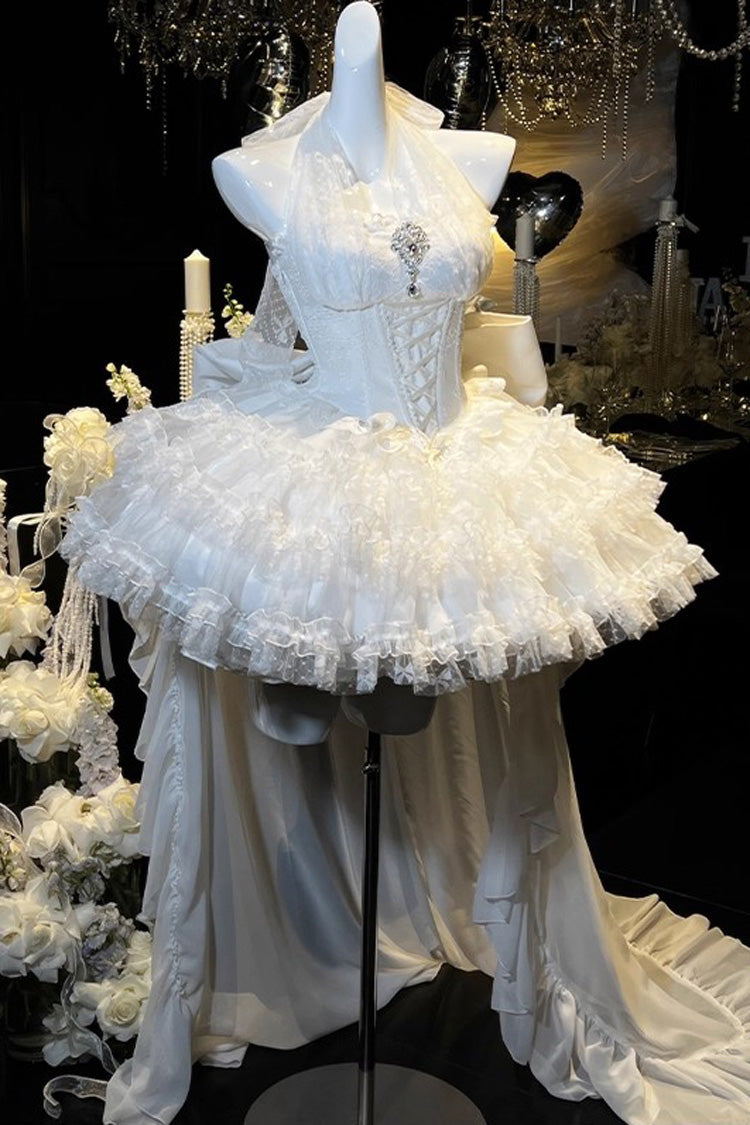 Robe Lolita Princesse Douce en Dentelle à Lacets Hanayome à Volants Triple Épaisseur sans Manches à Dos Nu Blanc [Rêve] 