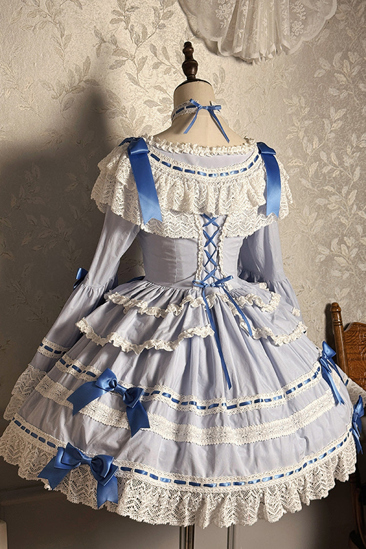 Blue/White [Rabbit Sleeping Doll] Long Trumpet Sleeves Ruffle Bowknot Lace Sweet Lolita Dress