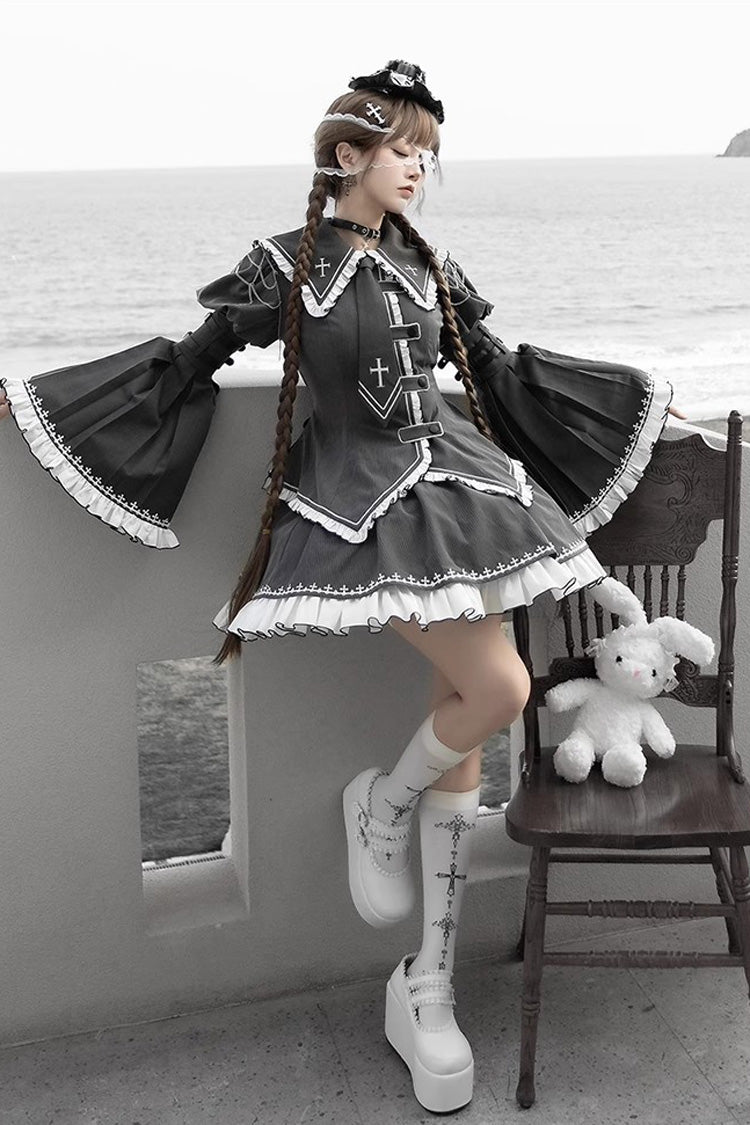 Grey Long Hime Sleeves Ruffle Embroidery Buckle Gothic Japanese Lolita Skirt Set