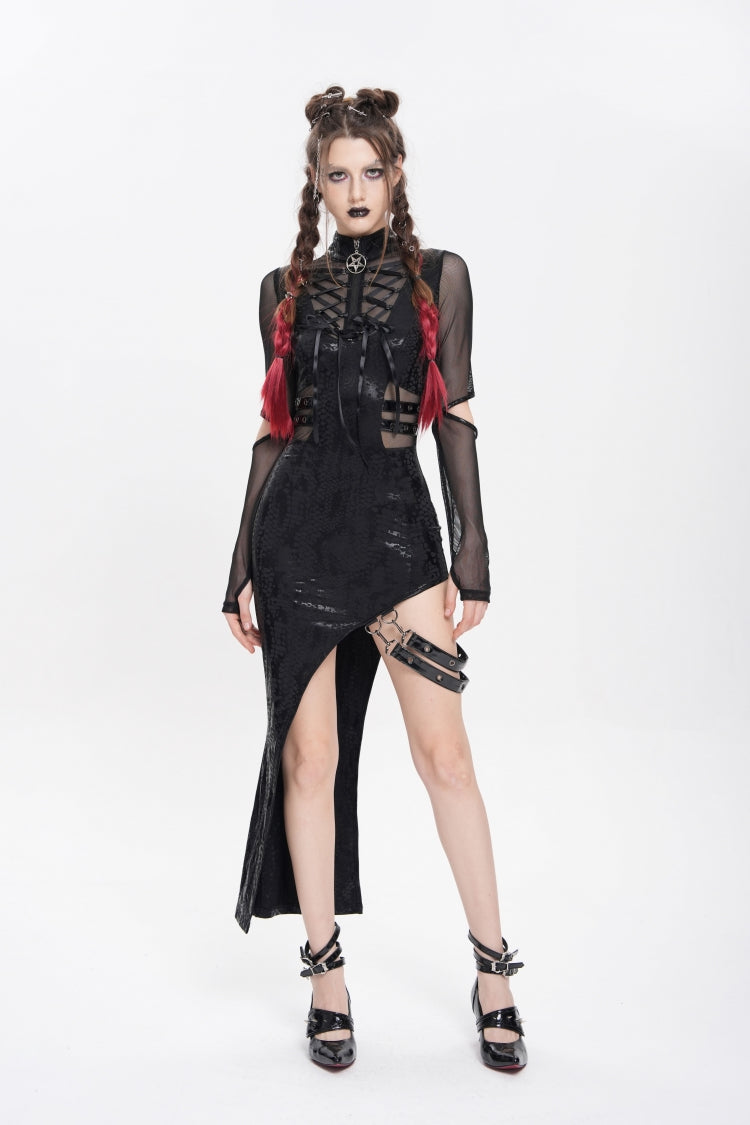 Black Stand Collar Long Sleeves Stitching Lace-Up Mesh Women's Punk Dress with Detachable Strap