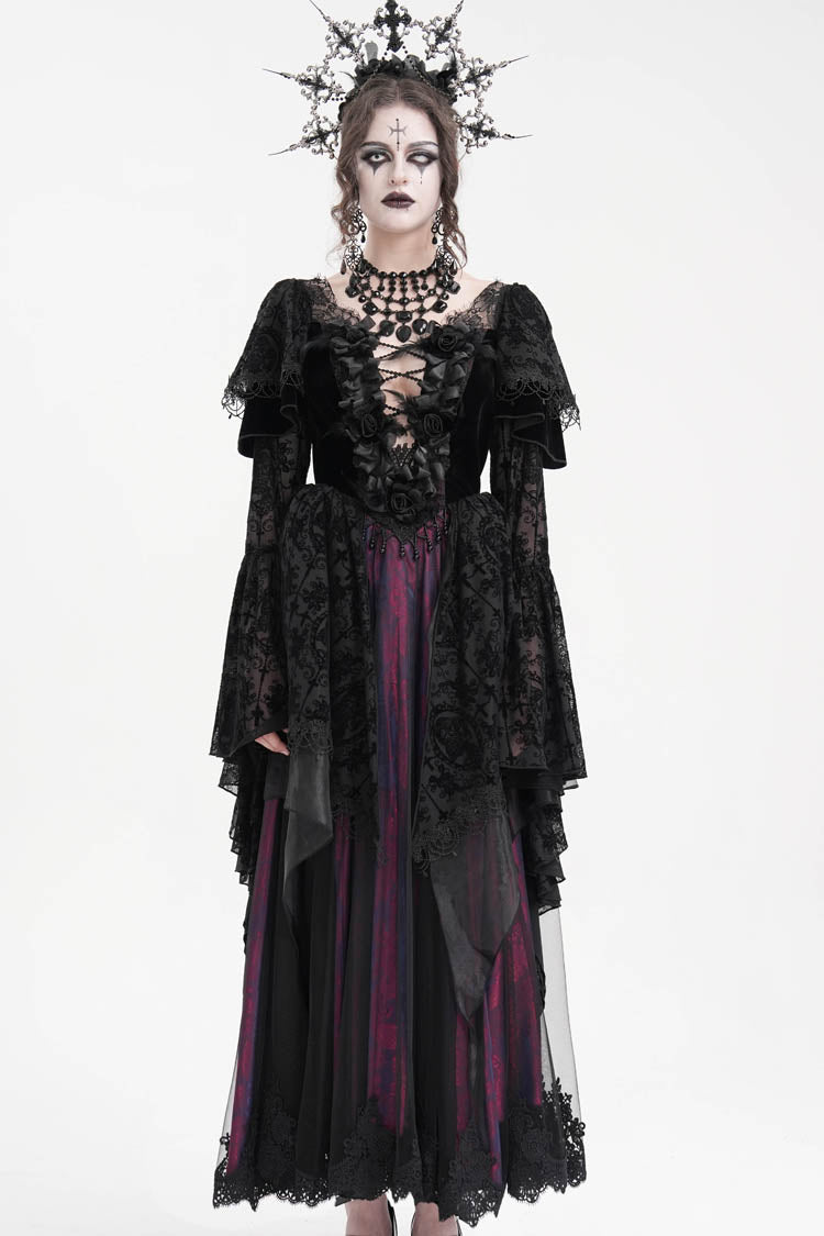 Schwarz/lila gehäkeltes langärmliges Hanayome-Spitzen-Gothic-Kleid für Damen