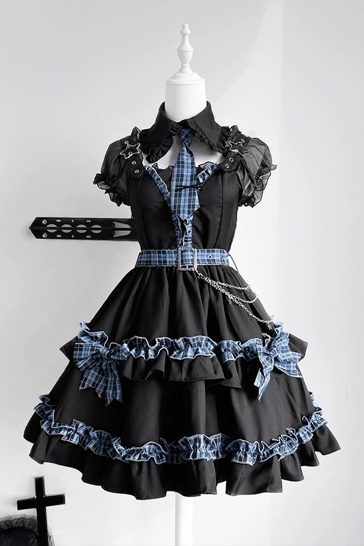 Black [Dark Night Starlight] Chain Ruffle Bowknot Lace Buckle Gothic College Style Lolita Dress Set