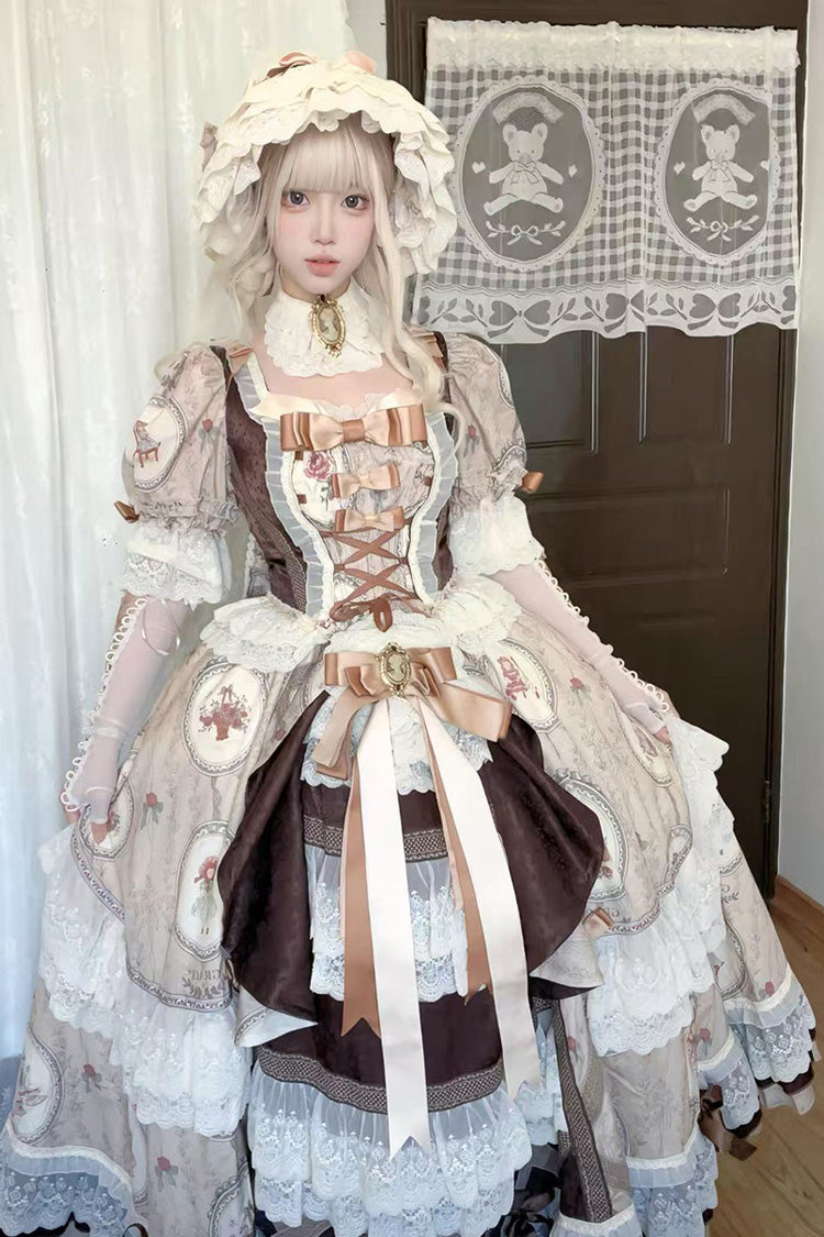 Brown [Baker Street Tea Party] Short Sleeves High Waisted Print Ruffle Embroidery Cardigan Bowknot Lace-Up Classic Vintage Princess Lolita Dress