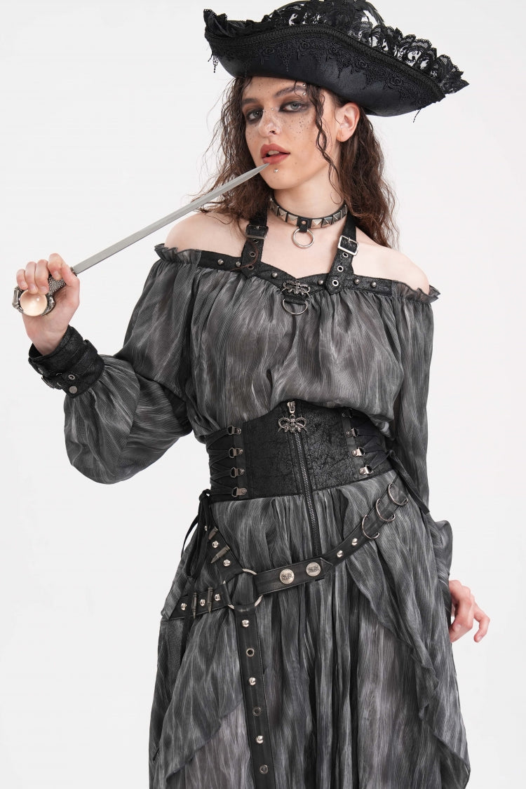 Graue Neckholder-Bluse mit Schnalle und langen Ärmeln für Damen im Gothic-Stil