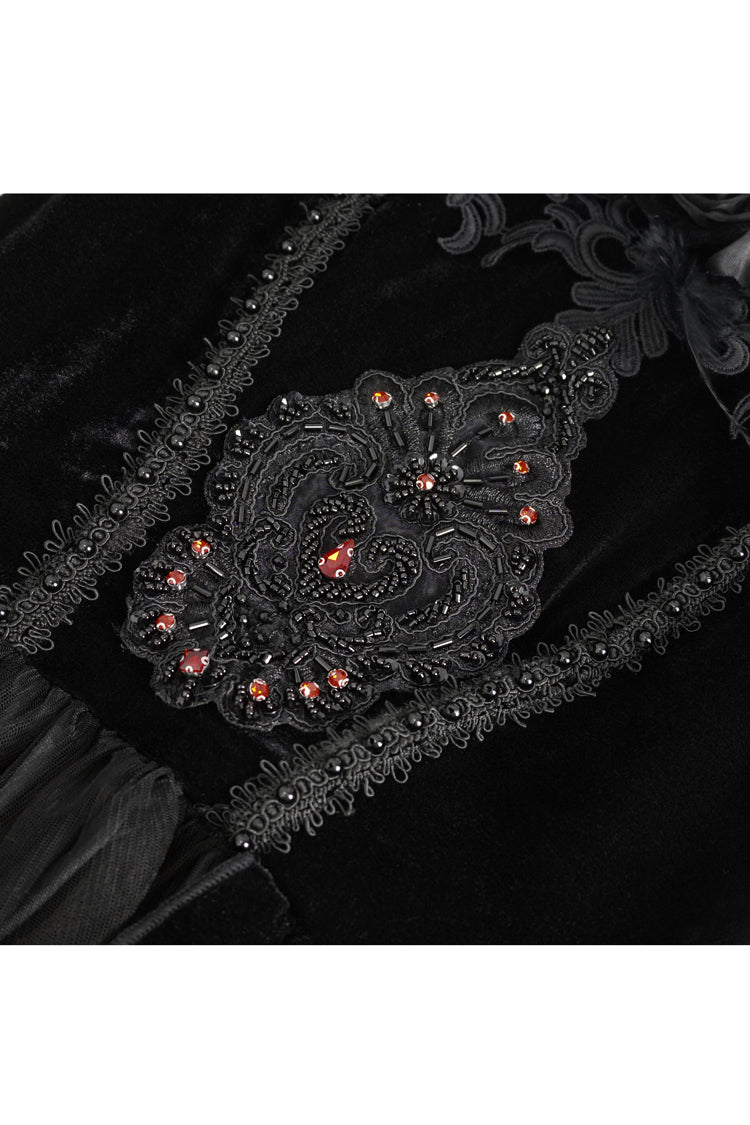 Schwarzes schulterfreies, hoch tailliertes Gothic-Kleid aus Spitze mit Print für Damen