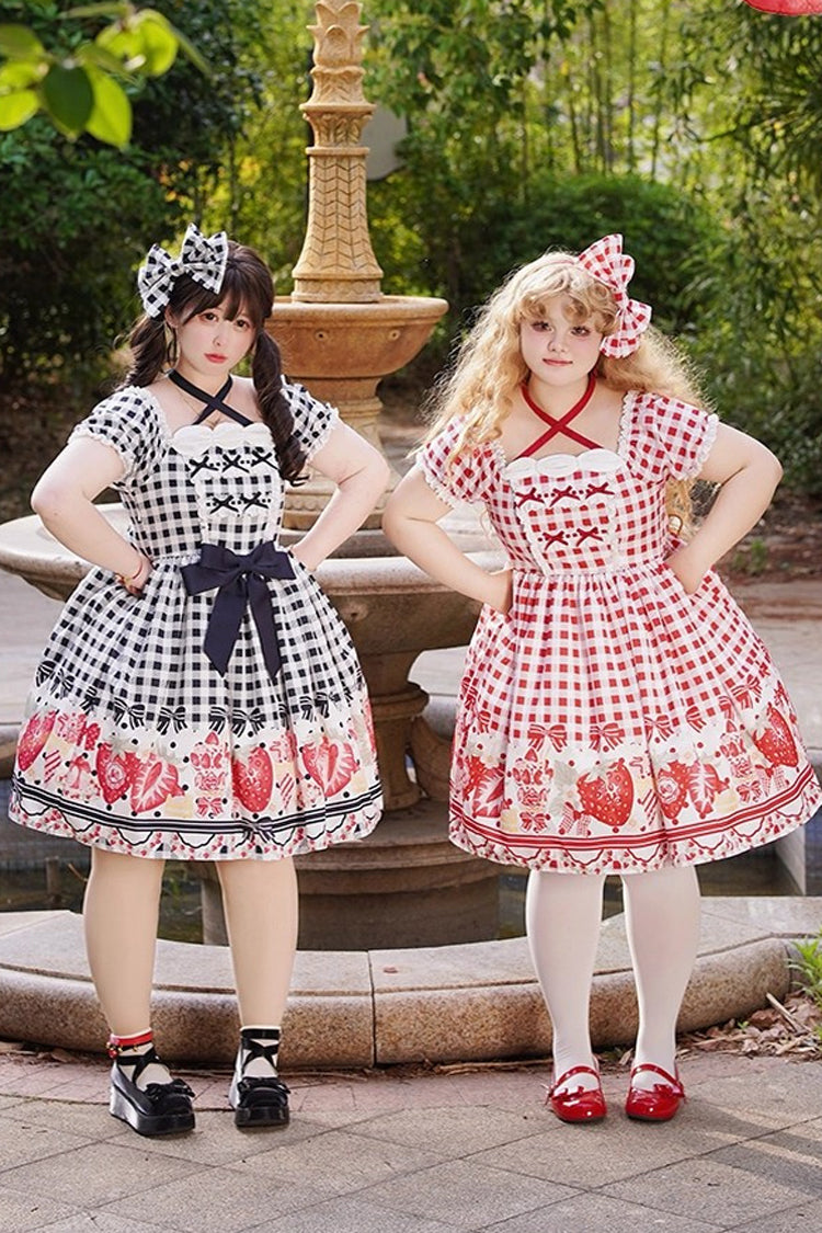 Black Short Sleeves Strawberry Plaid Print Bowknot Sweet Plus Size Princess Lolita Dress