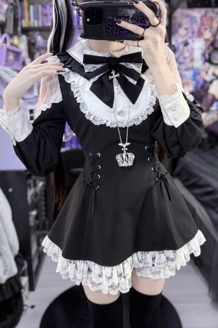 Black/White [Divine love] Long Sleeves Hollow Bowknot Lace Lace-Up Sweet Jirai Kei Dress Shorts Set