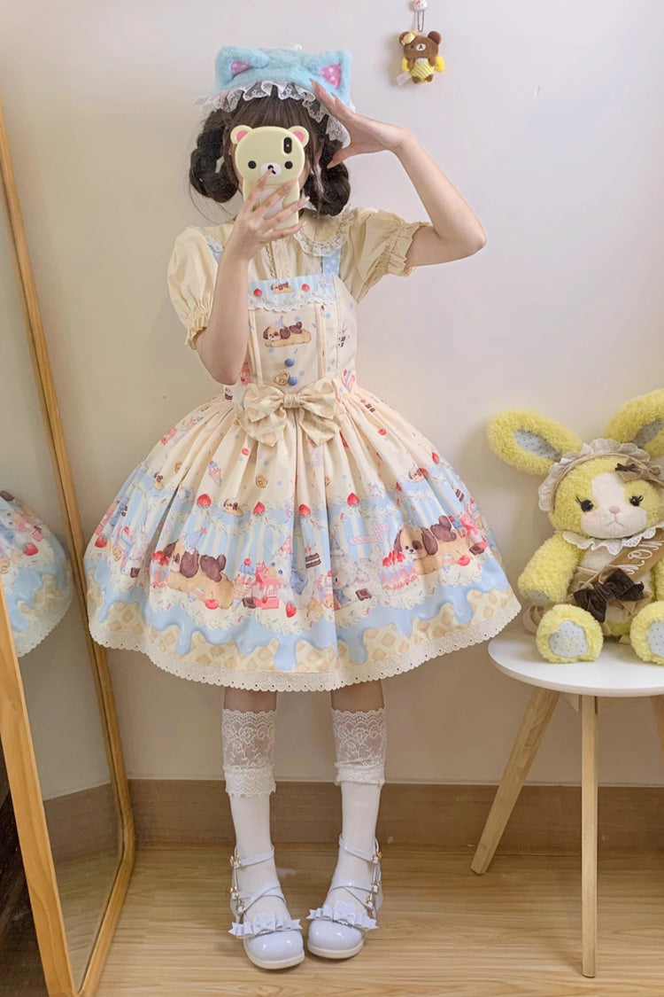 Cream Party Print Bowknot Stitching Lace Sweet Lolita Jsk Dress 3 Colors