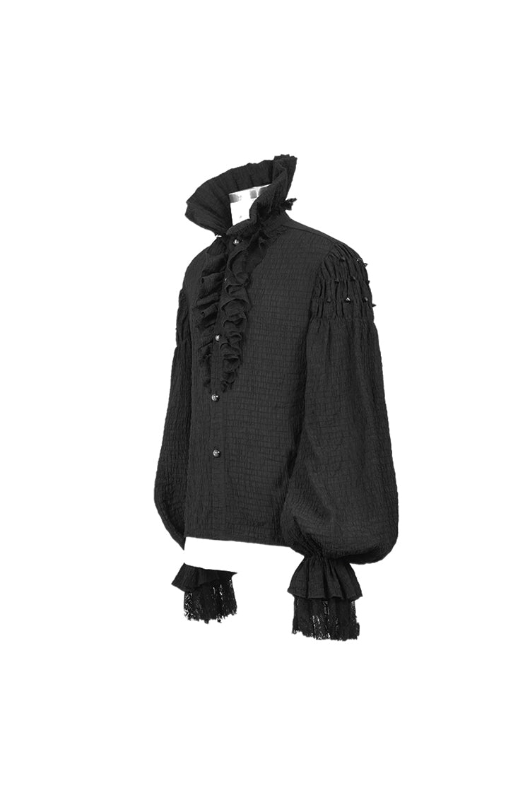 Black High Collar Chiffon Chest Frilly Beading Long Sleeve Lace Cuff Men's Gothic Shirt