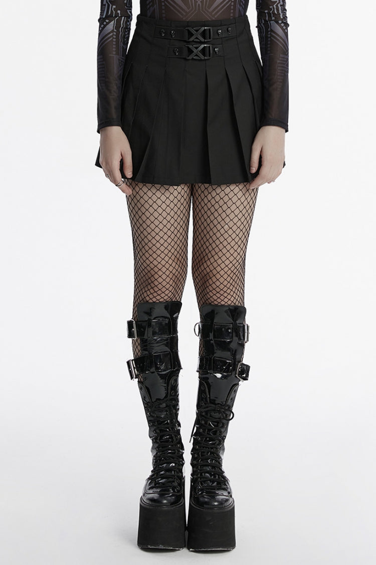 Jupe plissée punk pour femmes avec boucle à volants crâne noir 