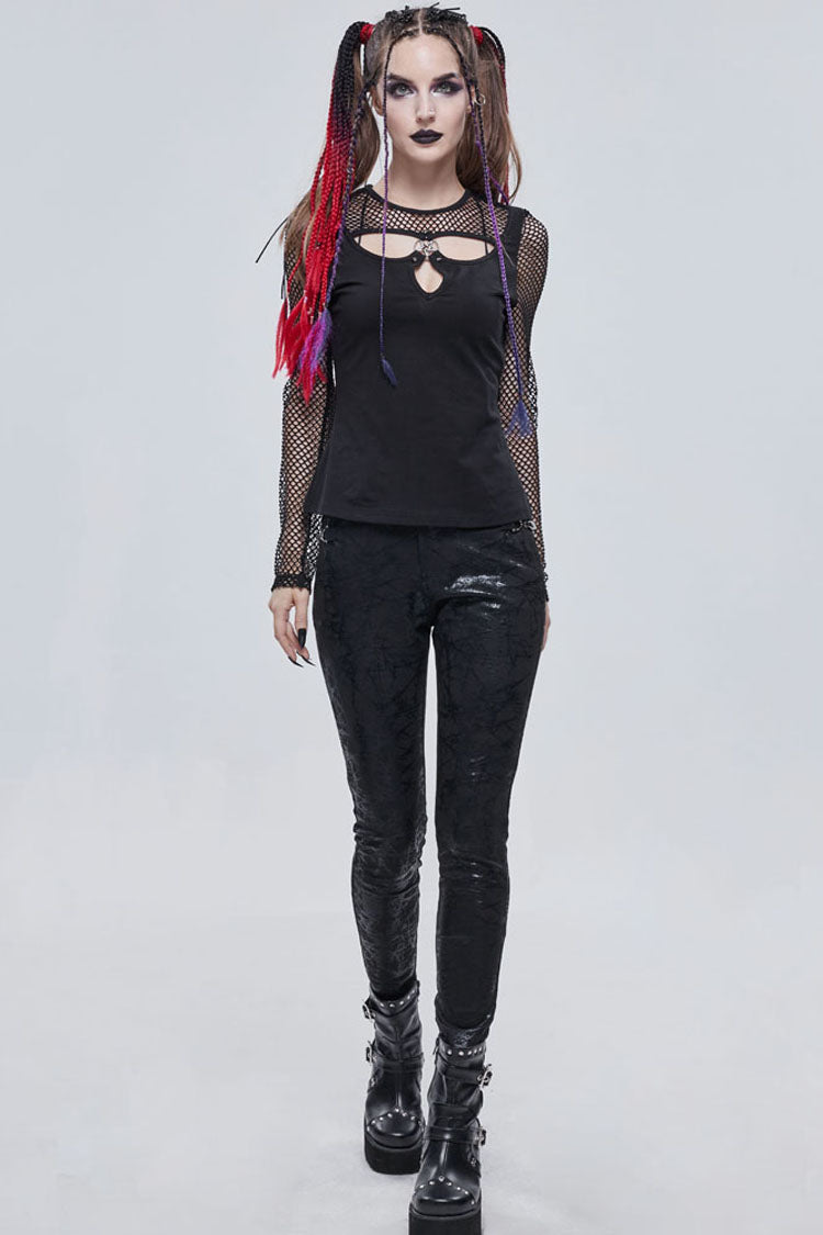 Black Punk Knitted Cotton Stitching Mesh Yarn Deep V Basic Style Metal Pentagram Decoration Women's T-Shirt