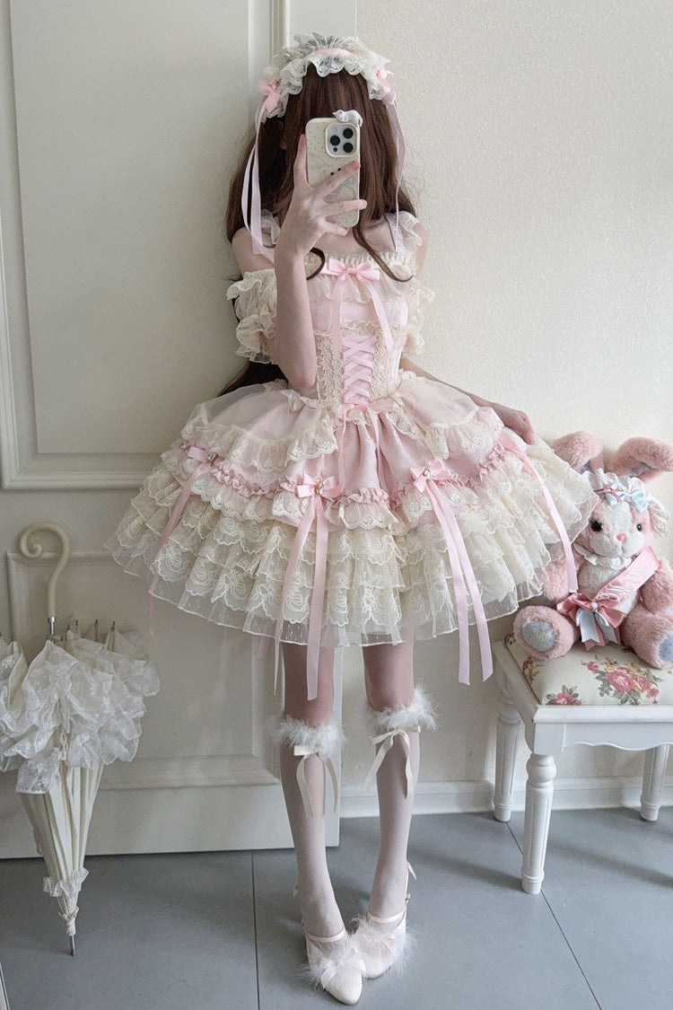 Pink [Ribbon Heart Love] Sleeveless Multi-Layered Ruffle Bowknot Lace Lace-Up Sweet Princess Ballet Lolita Jsk Dress