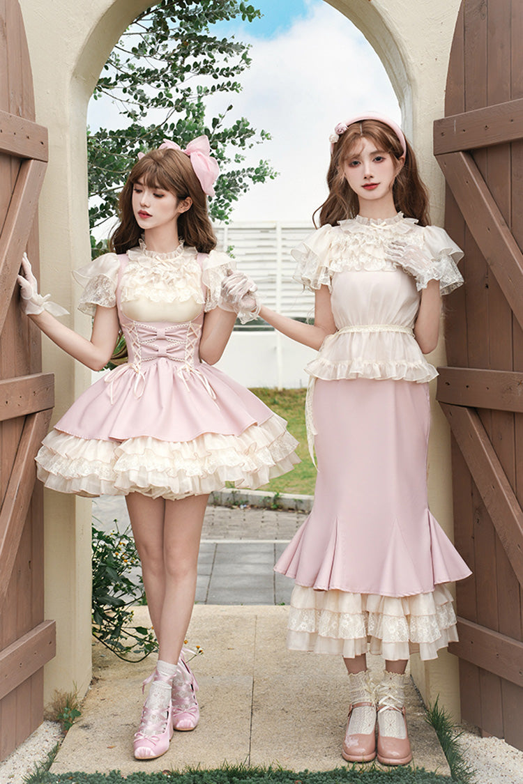Robe Bustier Sweet Lolita Jsk à Volants Multicouches avec Nœud Papillon et Lacets [Love Diary] Rose 