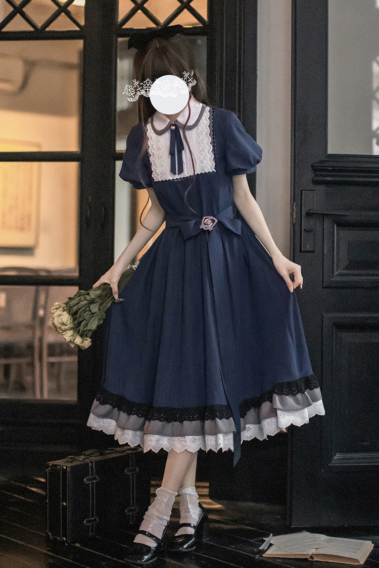 Bleu [Phyllis] Col à revers manches courtes imprimé noeud classique vintage élégant robe lolita