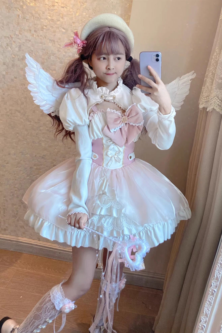 Pink/White [Magical Girl] Ruffle Cardigan Bowknot Sweet Princess Lolita Jsk Dress