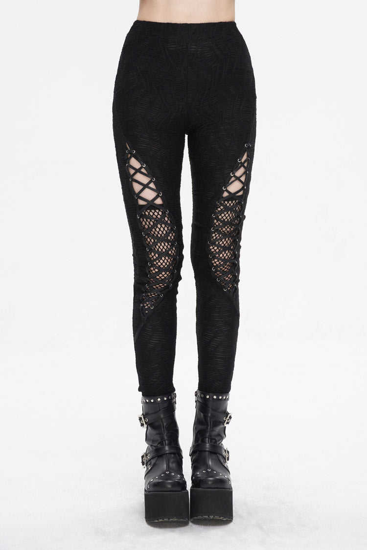 Black Strappy Mesh Splice Ruched Women's Punk Leggings