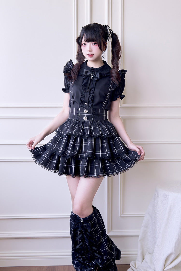 Black Triple-Layered Plaid Print Ruffle Gothic Jirai Kei Japanese Strap Dress