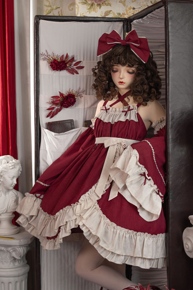 Red [Monet Estate] Sleeveless High Waisted Ruffle Bowknot Asymmetric Gothic Lolita Jsk Dress