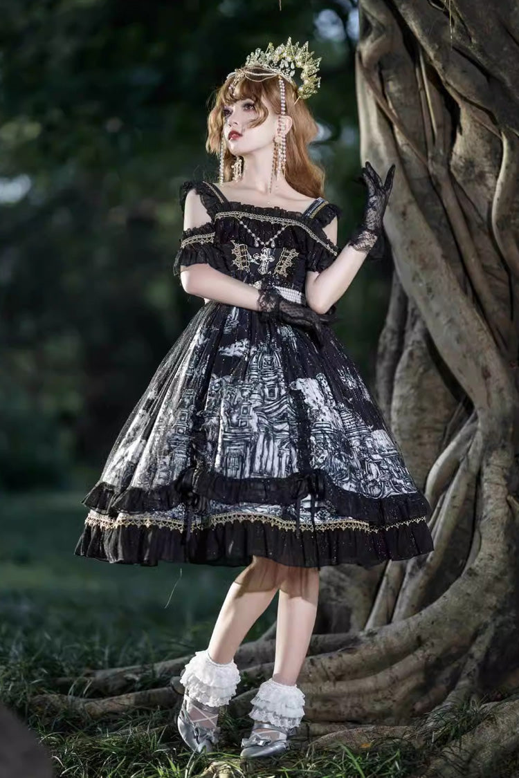Black [Castle Feast] Print Ruffle Bowknot Gothic Princess Lolita Jsk Dress