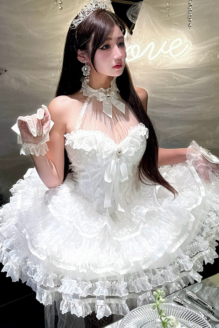 Robe Jsk Lolita Princesse Douce en Dentelle avec Nœud Papillon Hanayome à Volants et Col Halterneck Blanc [Love God Bride] 