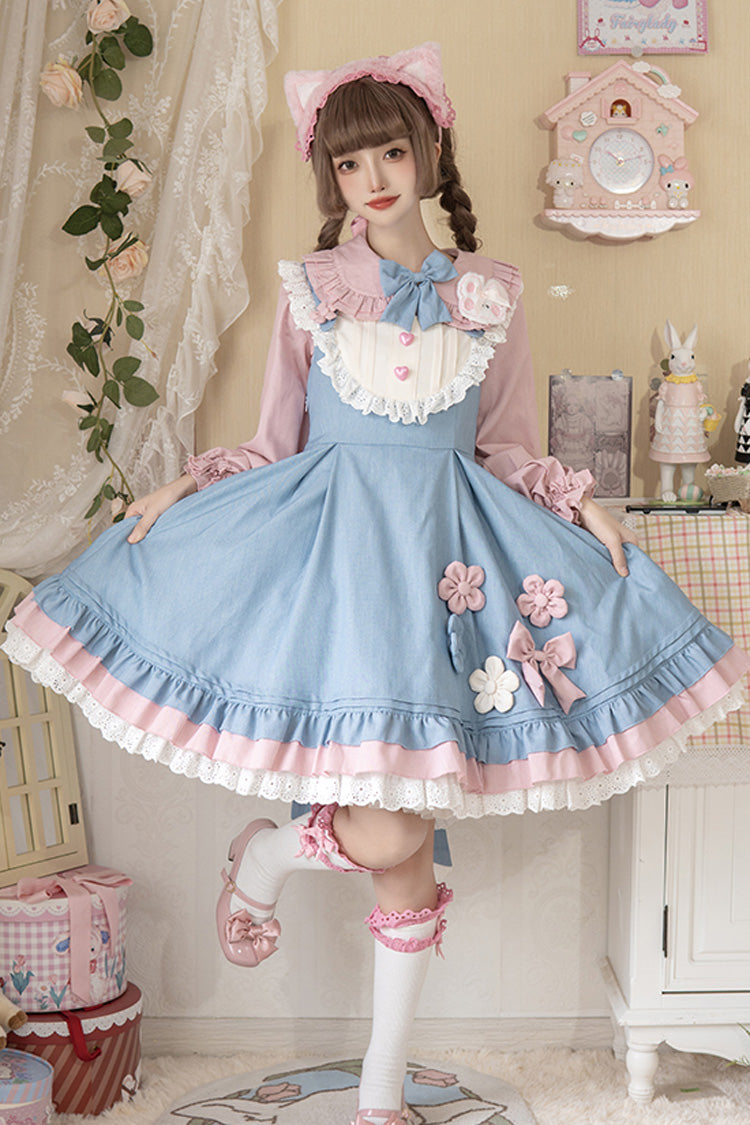 ブルー/ピンクの梅の花の雪ウサギのフリルちょう結びスイートロリータドレス