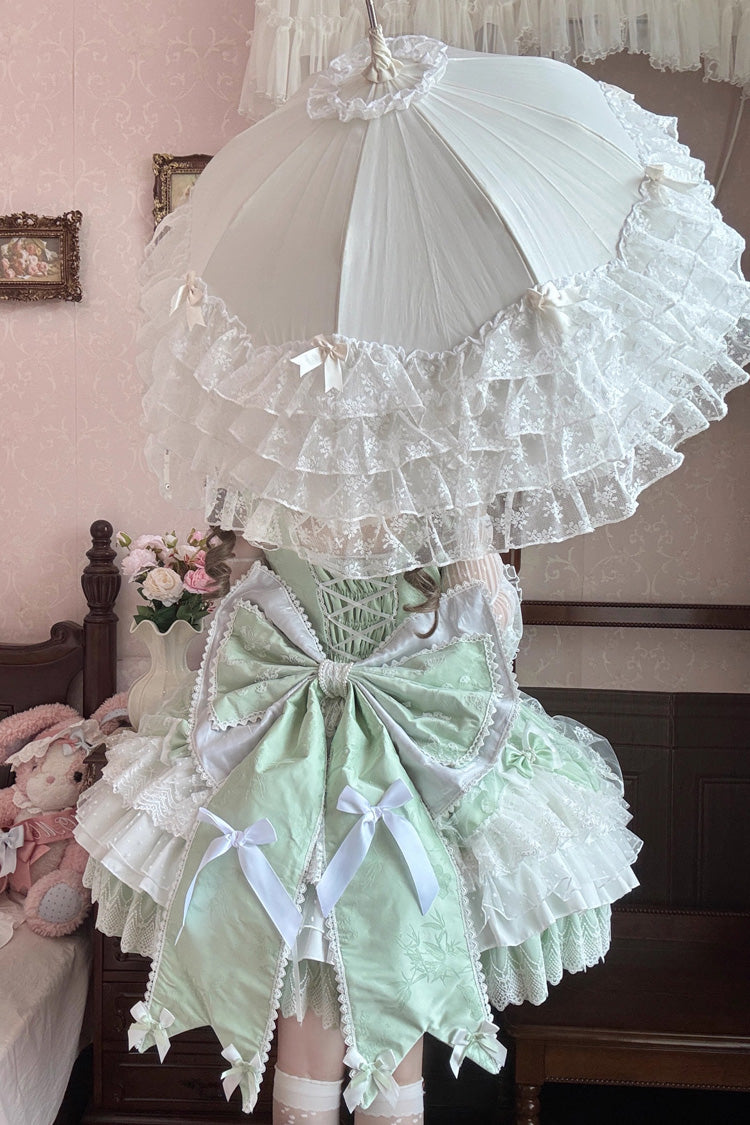 Green Sleeveless Triple-Layered Ruffle Embroidery Bowknot Lace-Up Pearl Sweet Plus Size Lolita Jsk Dress