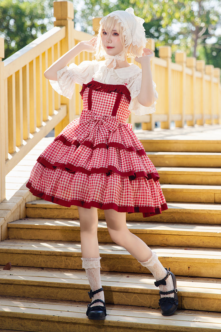 Red [Cloth Cat] Triple-Layered Plaid Print Ruffle Bowknot Sweet Lolita Dress
