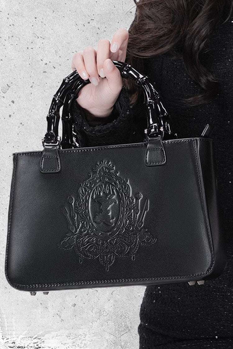 Black Dark Lolita Gothic Embossed Bamboo Handle Tote Bag Crossbody Handbag