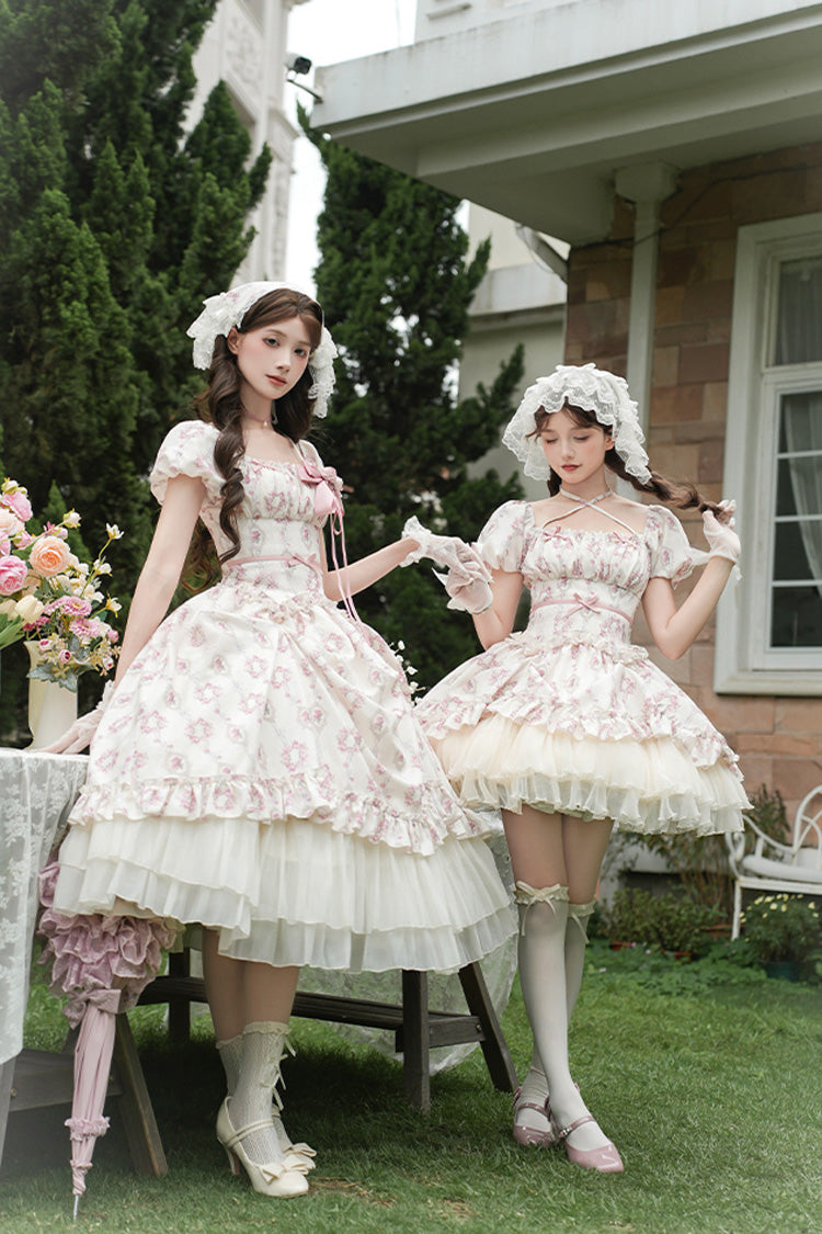 Robe longue Sweet Lolita en ivoire [Rose après la pluie] à manches courtes, à volants à trois couches, avec nœud papillon et lacets 