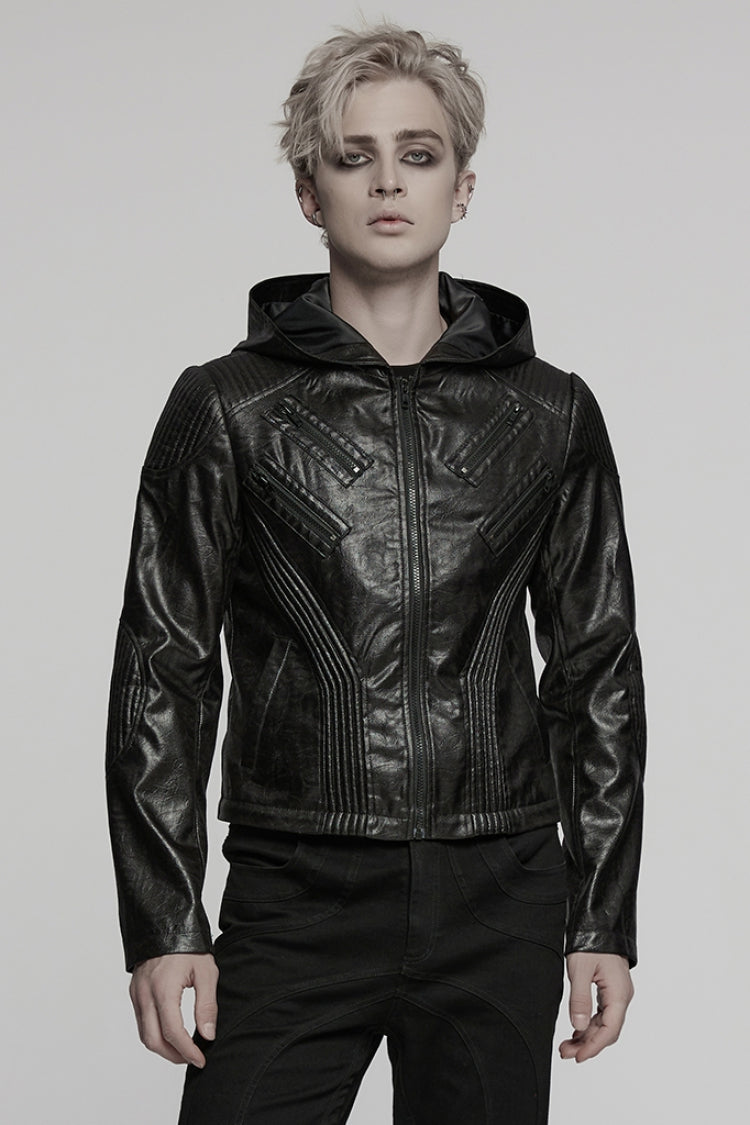 Manteau punk pour homme avec manches longues noires, fronces, coutures en faux cuir, capuche amovible 