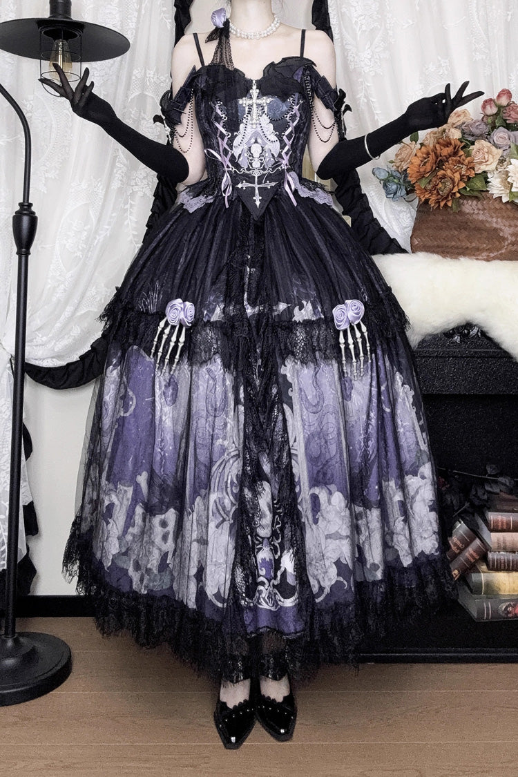 Black/Blue [Skull Magic] Print Ruffle Bowknot Gothic Elegant Lolita Skirt Two-Piece Set