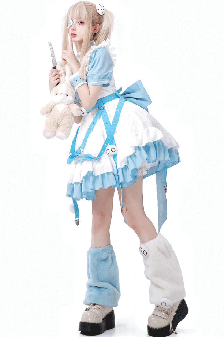 White/Blue [Treatment Room] Short Sleeves Ruffle Embroidery Jirai Kei Dress Set