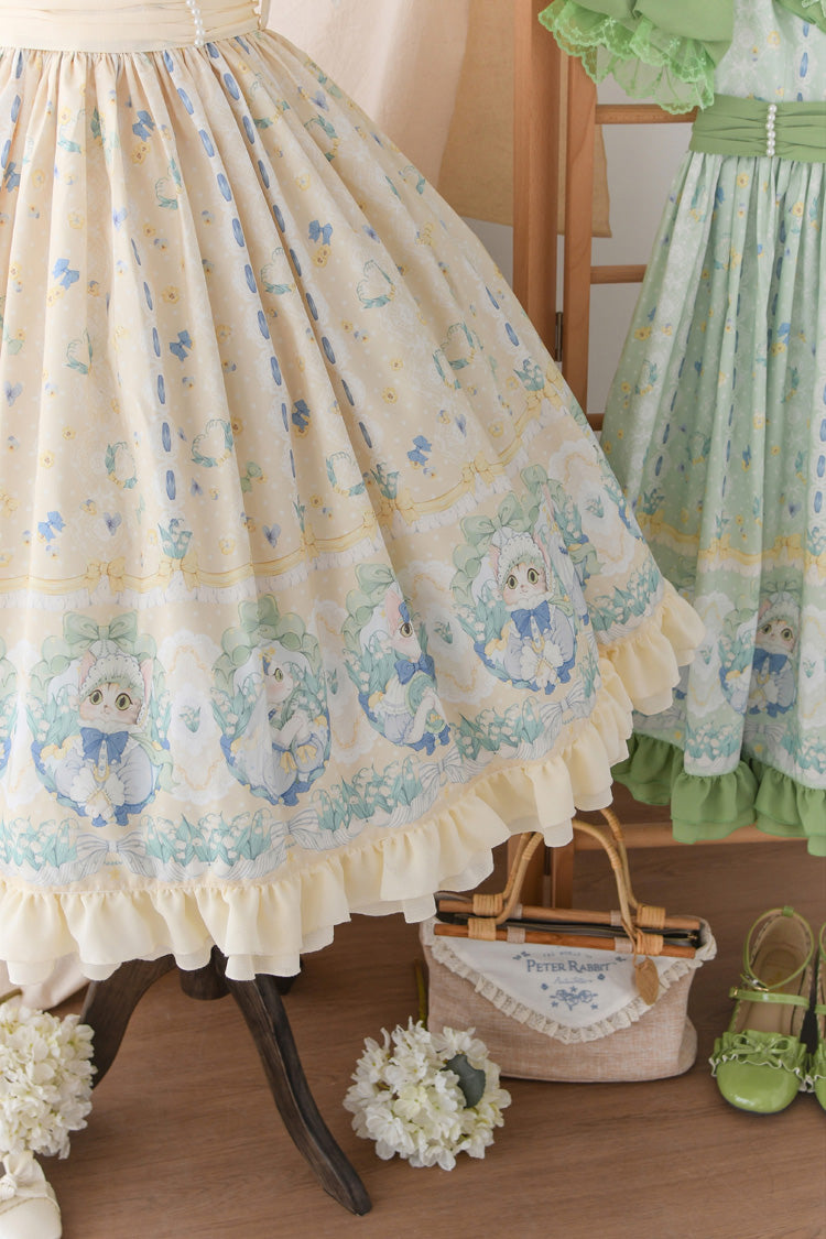 Beige [Lily of the Valley Cat] Print Ruffle Embroidery Bowknot Sweet Lolita Dress