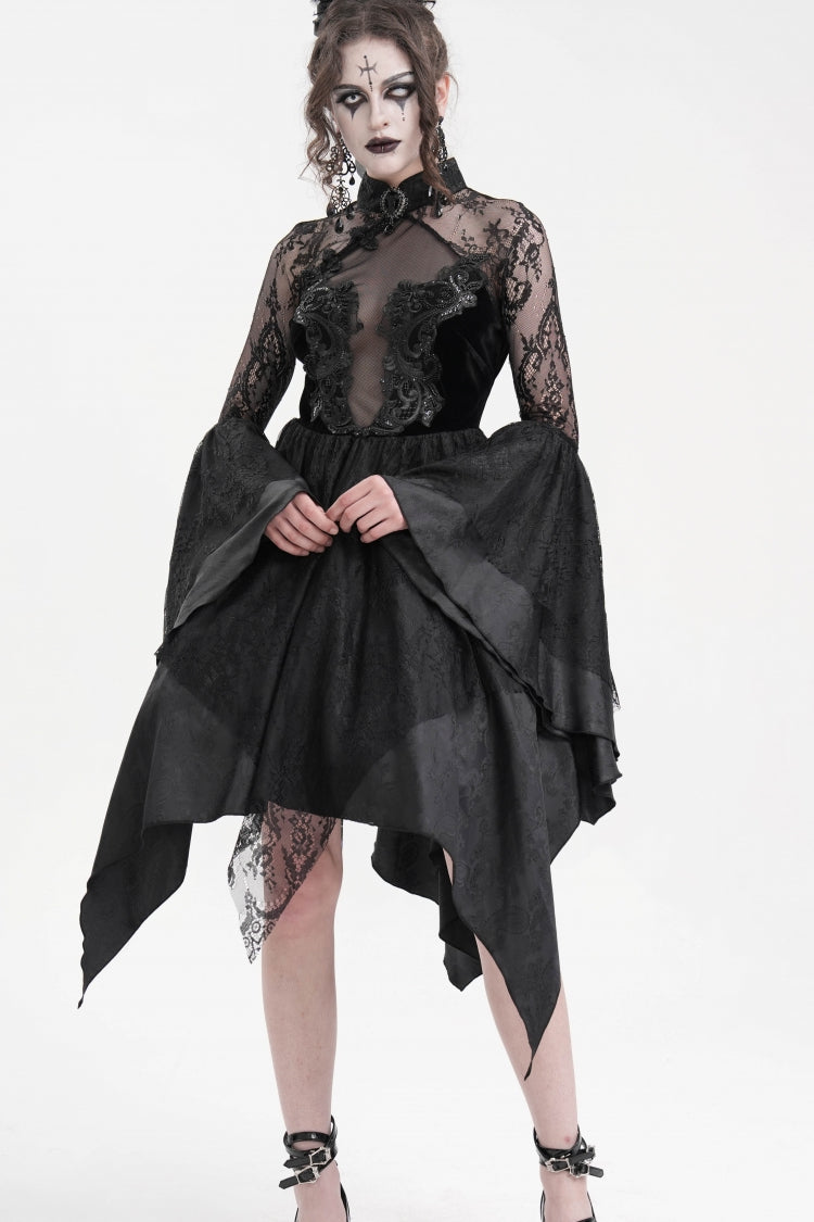 Schwarzes Gothic-Kleid mit langen Ärmeln, Stickerei, Spitze, Schnürung, unregelmäßigem transparentem Netzstoff für Damen