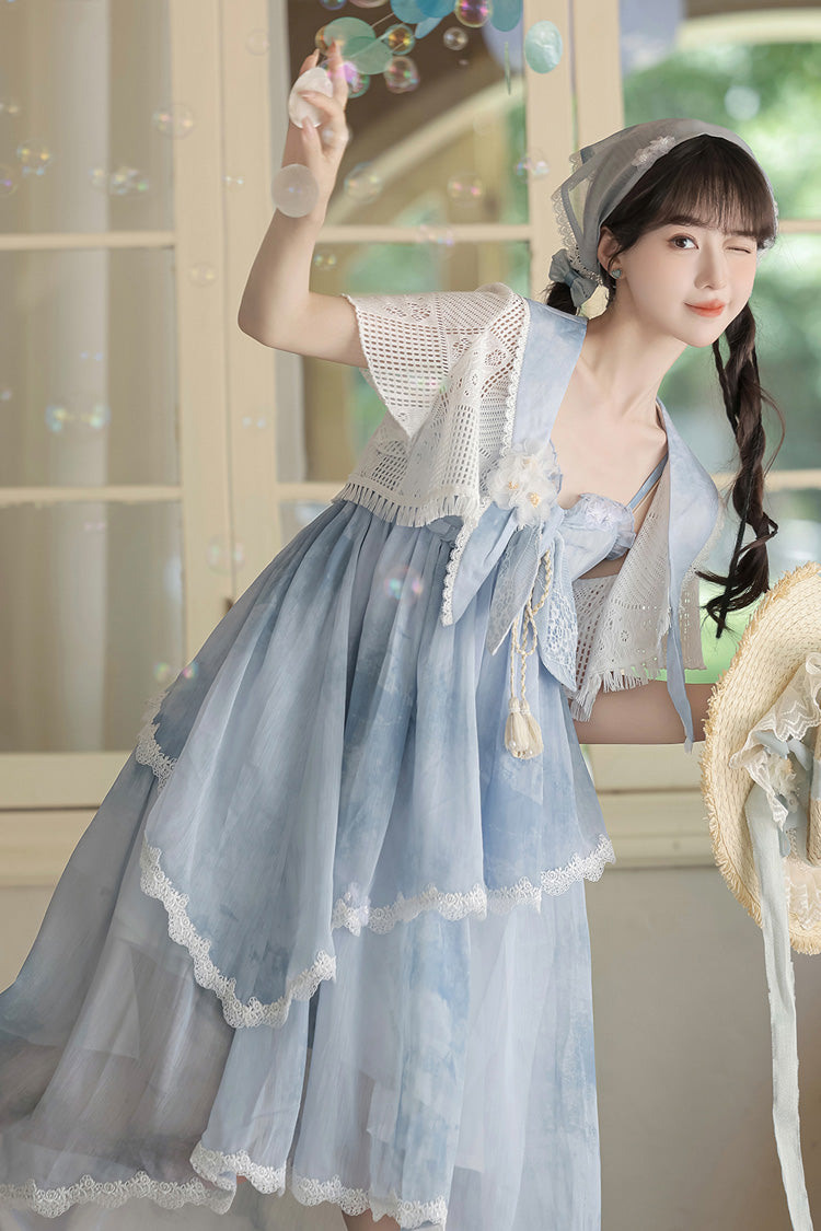 Blue [Clouds Resting in the Wilderness] Print Ruffle Embroidery Bowknot Lace Irregular Lolita Jsk Dress