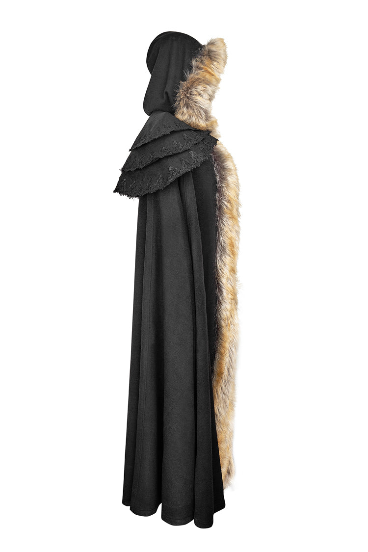 Black Hooded Fur Collar Wool Long Womens Gothic Coat Cloak