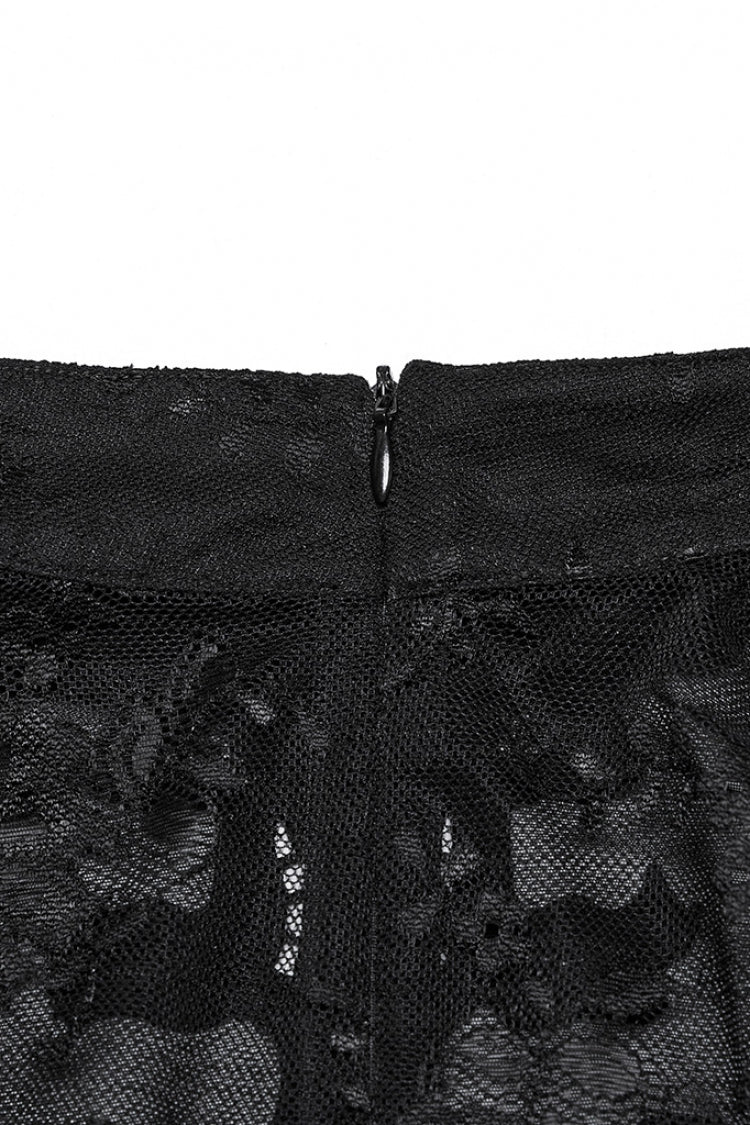 Black Stand Collar Short Sleeves Ruffle Hollow Embroidery Lace Sheer Women's Gothic Blouse