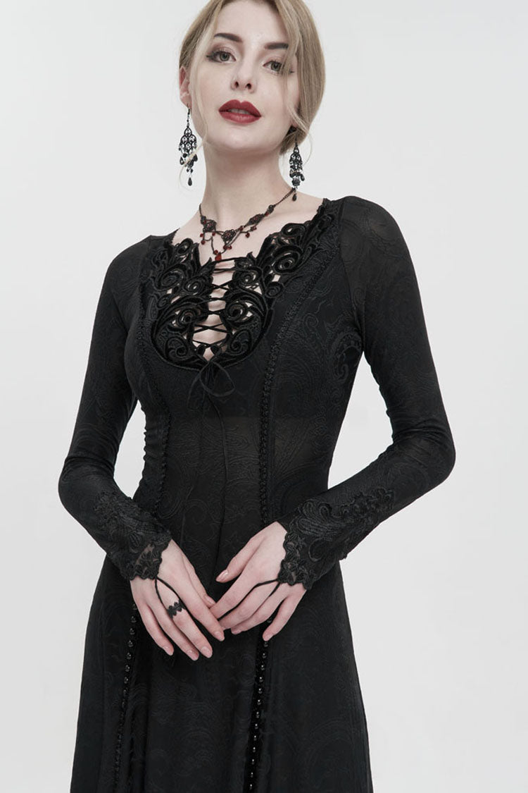 Black Long Sleeve Long Knitting Symmetrical Applique And String at The Chest Women's Gothic Dress
