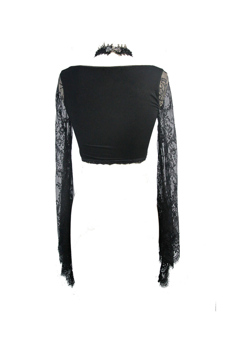 Schwarzes, superkurzes, durchbrochenes Sonnenschutz-Langarm-Gothic-Shirt für Damen