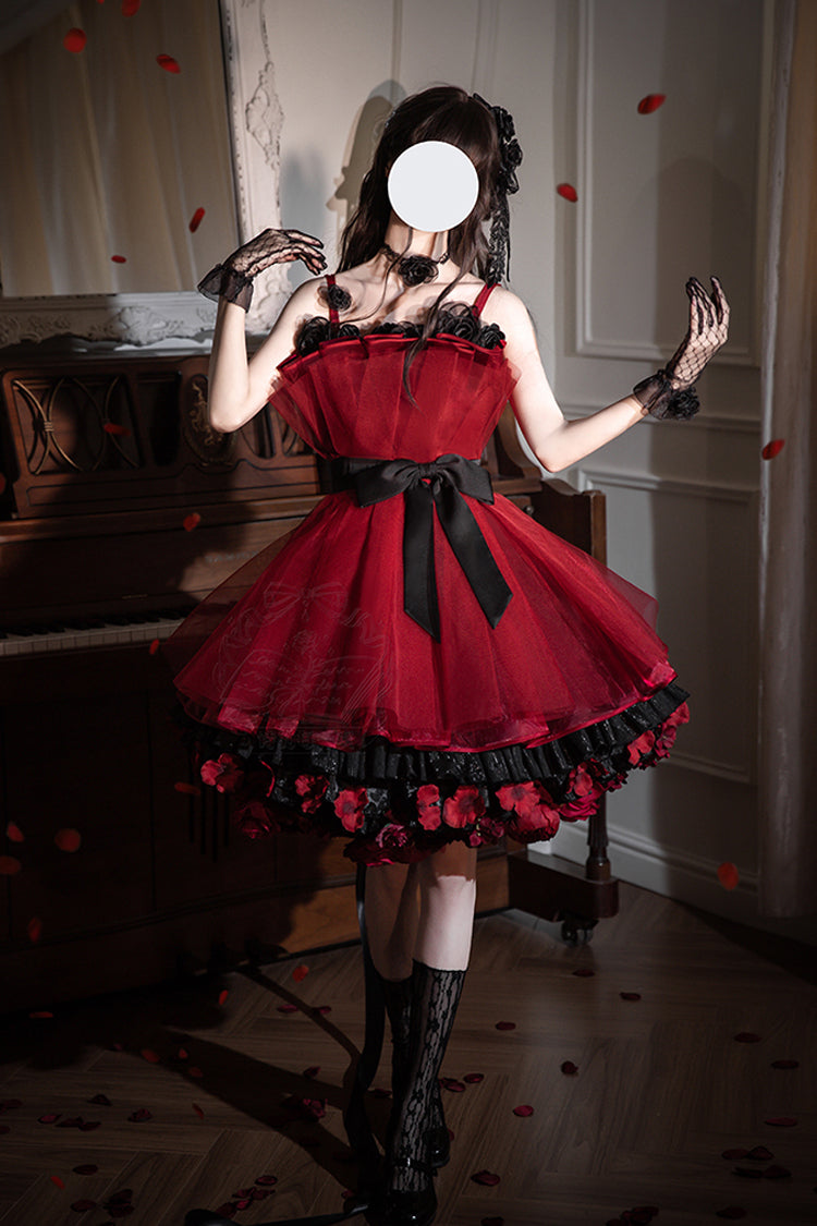 Robe Lolita Princesse Douce Sans Manches à Volants et Nœud Papillon [Bouquet de Nuit Éternelle] Rouge Vin 