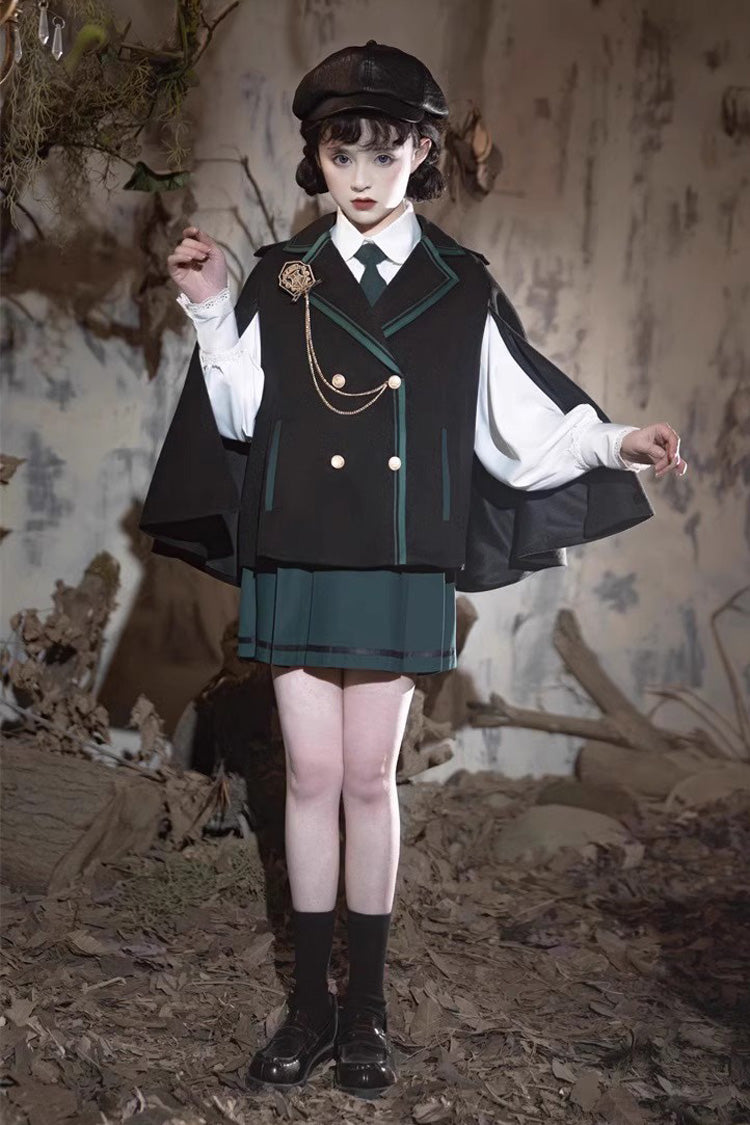 Black/Green Magic Academy Lapel Collar Gothic Vintage College Style Lolita Skirt Full Set