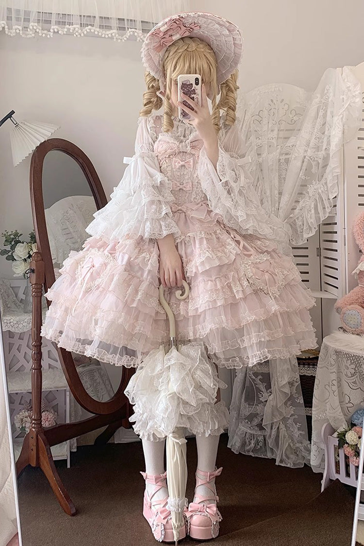 Pink [Sweetheart Diary] Multi-Layered Ruffle Hanayome Embroidery Bowknot Lace Sweet Lolita Jsk Dress