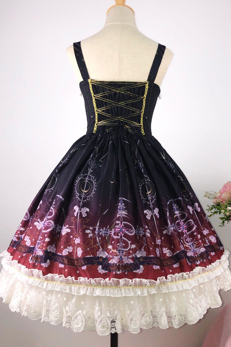 Robe Jsk Lolita douce et élégante sans manches noire/rouge avec imprimé dégradé, cardigan à volants, nœud papillon et laçage 