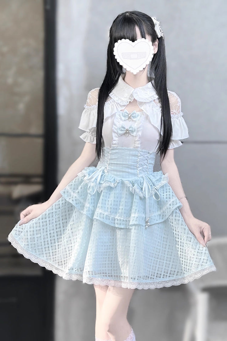 White/Blue Short Sleeves Double-Layered Ruffle Hollow Bowknot Lace-Up Jirai Kei Japanese Skirt Set