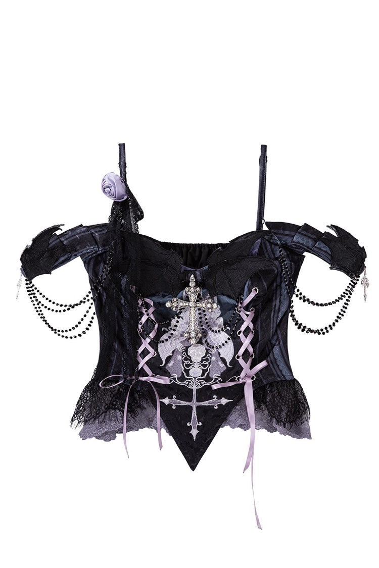 Black/Blue [Skull Magic] Print Ruffle Bowknot Gothic Elegant Lolita Skirt Two-Piece Set